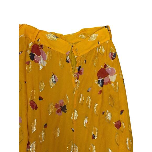 Sézane Silk Floral Wrap Skirt Yellow Gold Metallic Midi 44 US 12 Viscose Lining - Picture 7 of 14